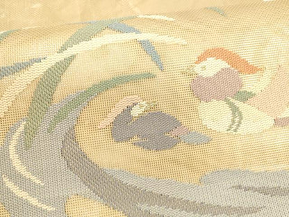 平和屋着物＊夏物 太鼓柄袋帯 流水鴛鴦草葉文 金糸 正絹 逸品 DABA0103cm
