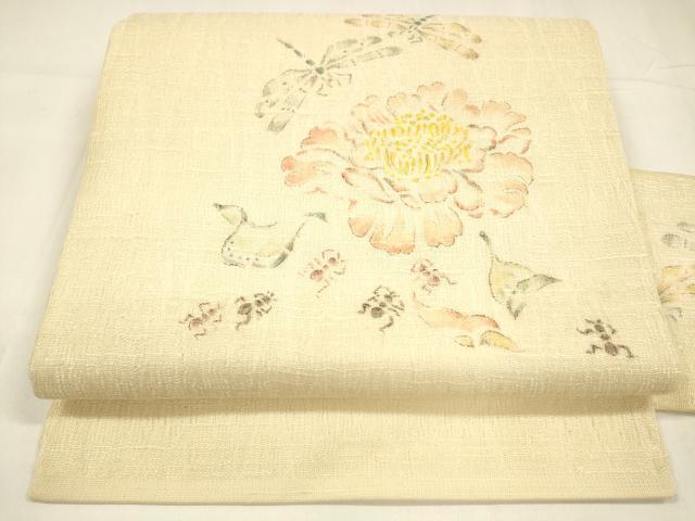 平和屋着物＊夏物　九寸名古屋帯　手描き　舞花文　蜻蛉　蟻　正絹　逸品　DABA0110cm 平和屋着物＊夏物 九寸名古屋帯 手描き 舞花文 蜻蛉 蟻 正絹 逸品