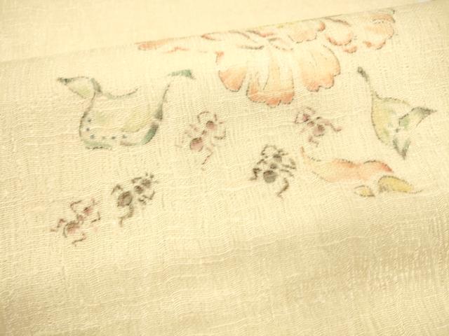 平和屋着物＊夏物　九寸名古屋帯　手描き　舞花文　蜻蛉　蟻　正絹　逸品　DABA0110cm 平和屋着物＊夏物 九寸名古屋帯 手描き 舞花文 蜻蛉 蟻 正絹 逸品