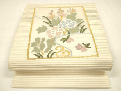 平和屋着物＊夏物 絽綴れ 八寸名古屋帯 流水草花文 金銀糸 正絹 逸品 DABA0112cm