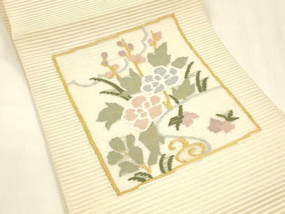 平和屋着物＊夏物 絽綴れ 八寸名古屋帯 流水草花文 金銀糸 正絹 逸品 DABA0112cm