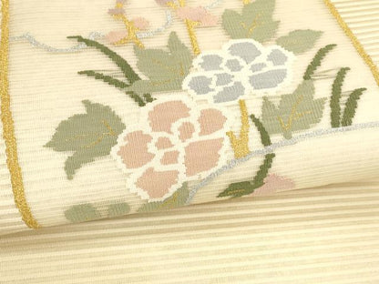 平和屋着物＊夏物 絽綴れ 八寸名古屋帯 流水草花文 金銀糸 正絹 逸品 DABA0112cm