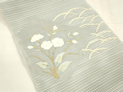 平和屋着物＊夏物 絽綴れ 八寸名古屋帯 草花文 金銀糸 正絹 逸品 DABA0113cm