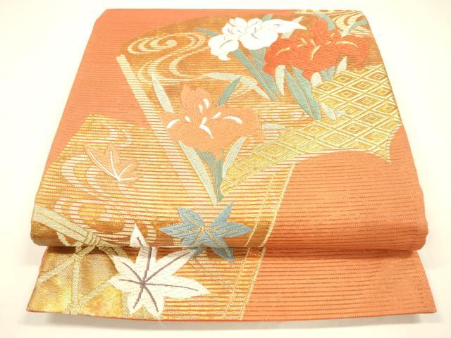 平和屋着物＊夏物 六通柄袋帯 唐織 籬竜田川 杜若 金糸 正絹 逸品 DABA0117cm