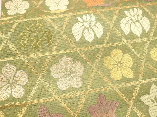平和屋着物＊夏物 全通柄九寸名古屋帯 唐織 草花文 金糸 正絹 逸品 DABA0119cm
