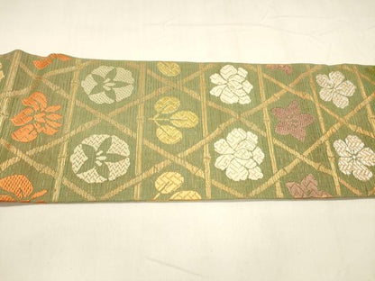 平和屋着物＊夏物 全通柄九寸名古屋帯 唐織 草花文 金糸 正絹 逸品 DABA0119cm