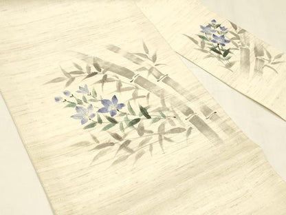 平和屋着物＊夏物　九寸名古屋帯　手描き　笹竹草花文　麻　逸品　DABA0125cm