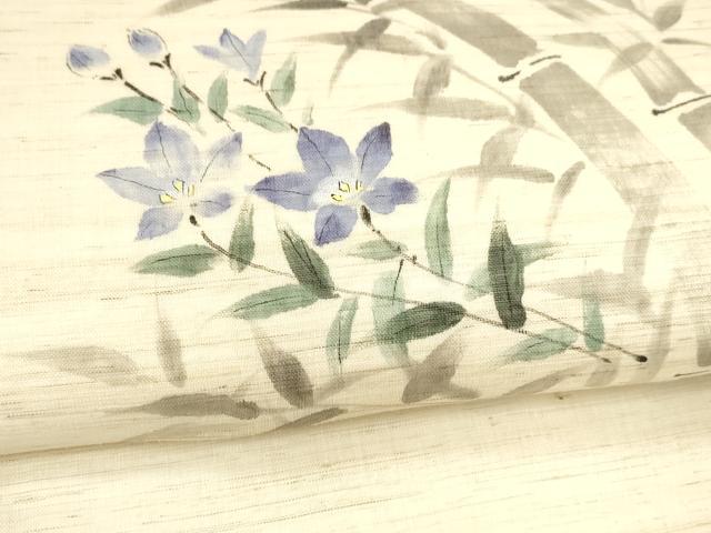 平和屋着物＊夏物　九寸名古屋帯　手描き　笹竹草花文　麻　逸品　DABA0125cm