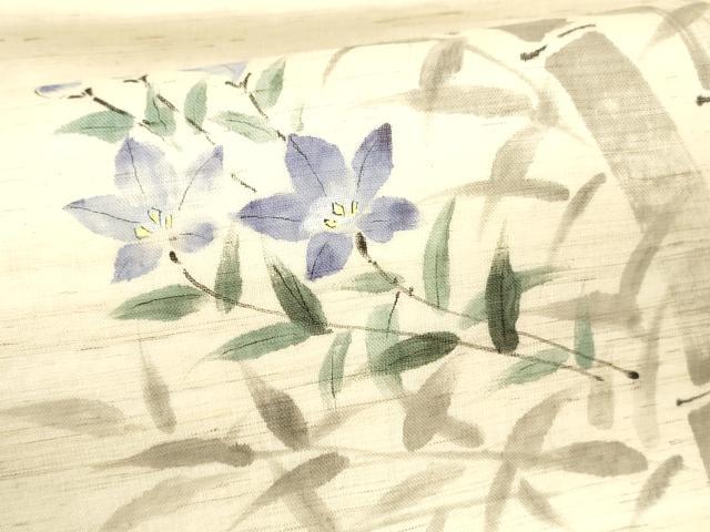 平和屋着物＊夏物　九寸名古屋帯　手描き　笹竹草花文　麻　逸品　DABA0125cm