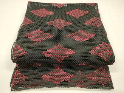 平和屋着物＊夏物 八寸名古屋帯 菱文 黒地 正絹 逸品 DABA0140cm