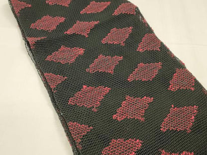 平和屋着物＊夏物 八寸名古屋帯 菱文 黒地 正絹 逸品 DABA0140cm