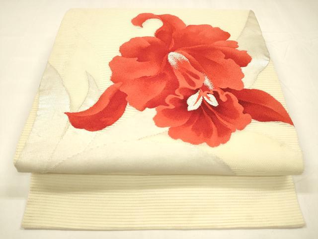 平和屋着物＊夏物 九寸名古屋帯 草花文 銀糸 正絹 逸品 DABA0145cm