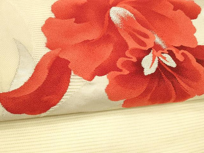 平和屋着物＊夏物 九寸名古屋帯 草花文 銀糸 正絹 逸品 DABA0145cm