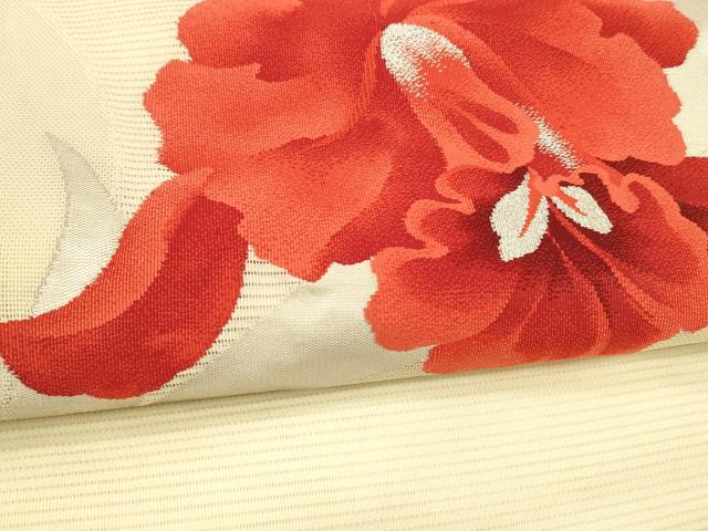 平和屋着物＊夏物 九寸名古屋帯 草花文 銀糸 正絹 逸品 DABA0145cm
