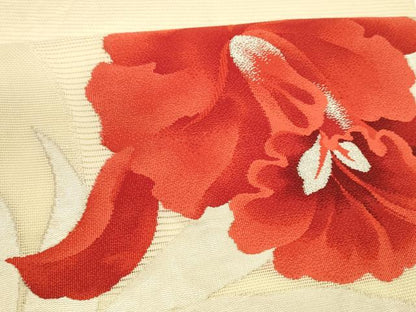 平和屋着物＊夏物 九寸名古屋帯 草花文 銀糸 正絹 逸品 DABA0145cm
