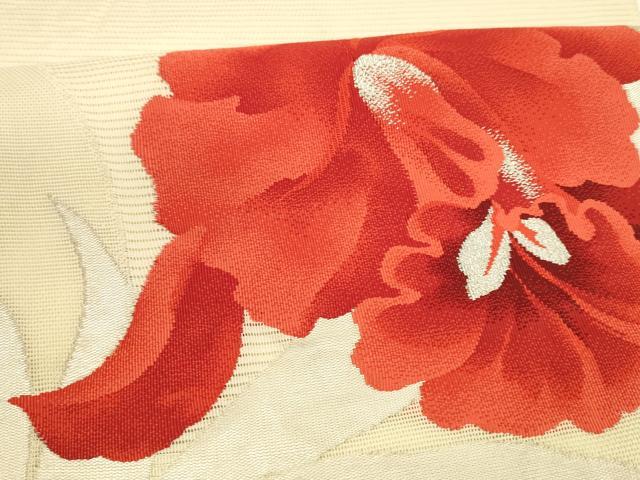 平和屋着物＊夏物 九寸名古屋帯 草花文 銀糸 正絹 逸品 DABA0145cm