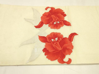 平和屋着物＊夏物 九寸名古屋帯 草花文 銀糸 正絹 逸品 DABA0145cm