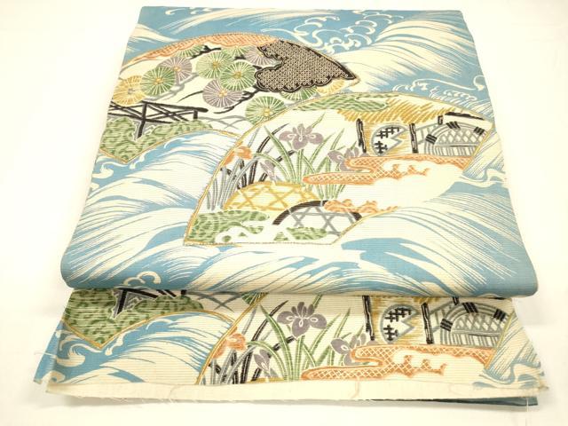 平和屋着物＊夏物 アンティーク 大正ロマン 両面 全通柄 京袋帯 駒刺繍 鹿の子風景文 籬流水舟松文 金彩 正絹 逸品 DABA0148cm