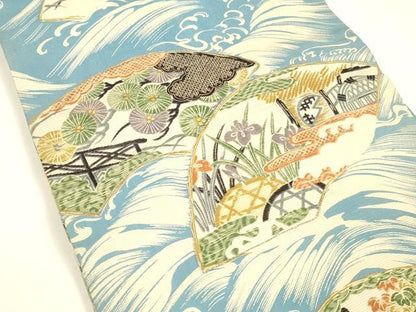 平和屋着物＊夏物 アンティーク 大正ロマン 両面 全通柄 京袋帯 駒刺繍 鹿の子風景文 籬流水舟松文 金彩 正絹 逸品 DABA0148cm