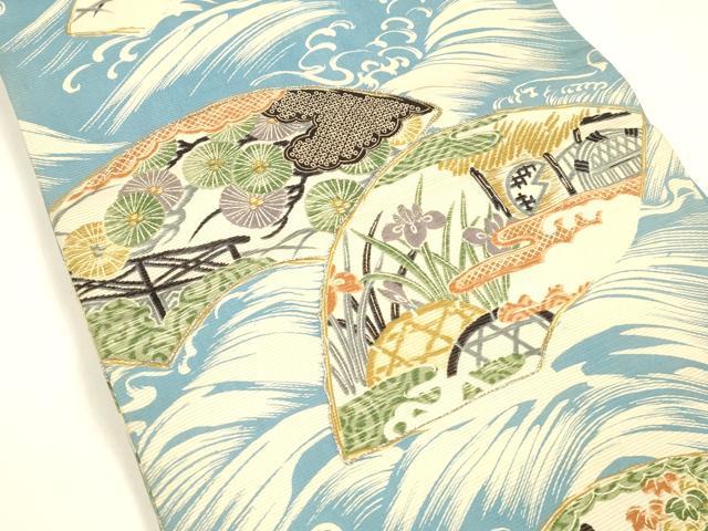 平和屋着物＊夏物 アンティーク 大正ロマン 両面 全通柄 京袋帯 駒刺繍 鹿の子風景文 籬流水舟松文 金彩 正絹 逸品 DABA0148cm