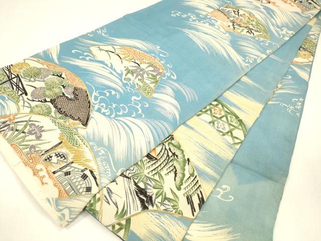 平和屋着物＊夏物 アンティーク 大正ロマン 両面 全通柄 京袋帯 駒刺繍 鹿の子風景文 籬流水舟松文 金彩 正絹 逸品 DABA0148cm