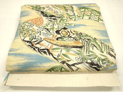 平和屋着物＊夏物 アンティーク 大正ロマン 両面 全通柄 京袋帯 駒刺繍 鹿の子風景文 籬流水舟松文 金彩 正絹 逸品 DABA0148cm