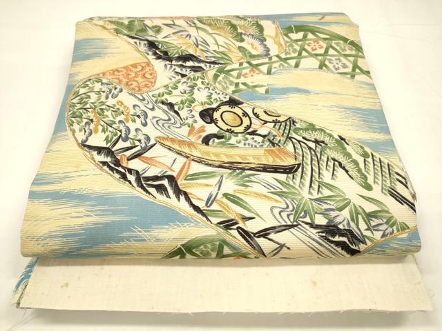 平和屋着物＊夏物 アンティーク 大正ロマン 両面 全通柄 京袋帯 駒刺繍 鹿の子風景文 籬流水舟松文 金彩 正絹 逸品 DABA0148cm