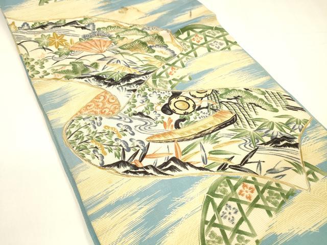 平和屋着物＊夏物 アンティーク 大正ロマン 両面 全通柄 京袋帯 駒刺繍 鹿の子風景文 籬流水舟松文 金彩 正絹 逸品 DABA0148cm
