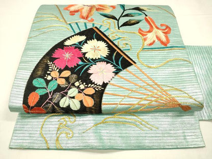平和屋着物＊夏物 アンティーク 大正ロマン 九寸名古屋帯 駒刺繍 総刺繍 扇面草花文 金銀糸 引箔 正絹 逸品 DABA0149cm