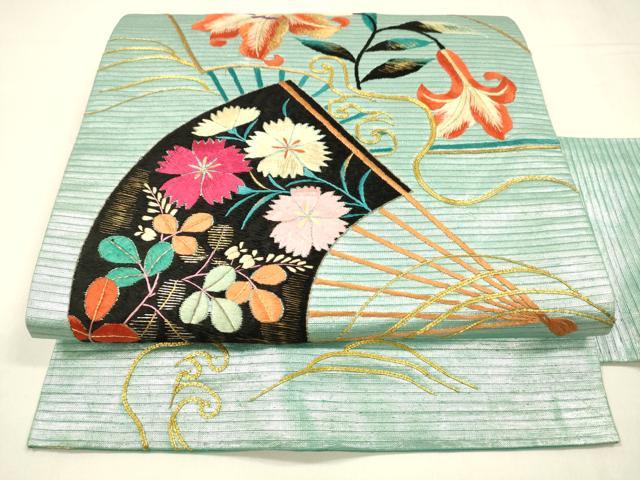 平和屋着物＊夏物 アンティーク 大正ロマン 九寸名古屋帯 駒刺繍 総刺繍 扇面草花文 金銀糸 引箔 正絹 逸品 DABA0149cm