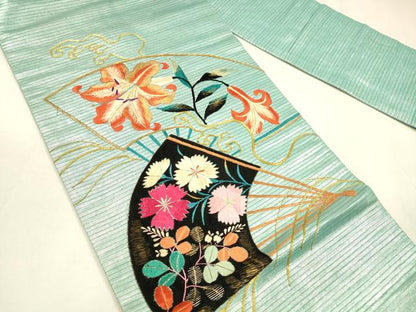 平和屋着物＊夏物 アンティーク 大正ロマン 九寸名古屋帯 駒刺繍 総刺繍 扇面草花文 金銀糸 引箔 正絹 逸品 DABA0149cm