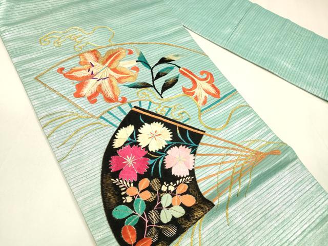 平和屋着物＊夏物 アンティーク 大正ロマン 九寸名古屋帯 駒刺繍 総刺繍 扇面草花文 金銀糸 引箔 正絹 逸品 DABA0149cm