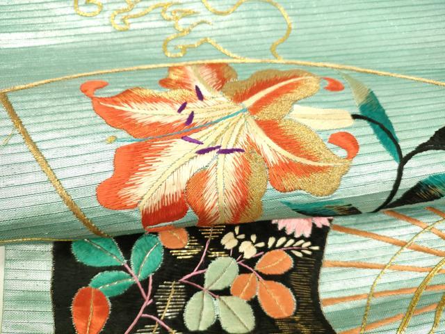 平和屋着物＊夏物 アンティーク 大正ロマン 九寸名古屋帯 駒刺繍 総刺繍 扇面草花文 金銀糸 引箔 正絹 逸品 DABA0149cm