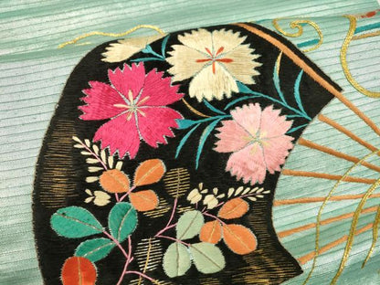 平和屋着物＊夏物 アンティーク 大正ロマン 九寸名古屋帯 駒刺繍 総刺繍 扇面草花文 金銀糸 引箔 正絹 逸品 DABA0149cm