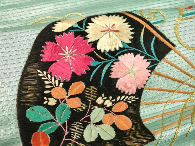 平和屋着物＊夏物 アンティーク 大正ロマン 九寸名古屋帯 駒刺繍 総刺繍 扇面草花文 金銀糸 引箔 正絹 逸品 DABA0149cm