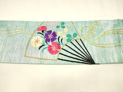 平和屋着物＊夏物 アンティーク 大正ロマン 九寸名古屋帯 駒刺繍 総刺繍 扇面草花文 金銀糸 引箔 正絹 逸品 DABA0149cm