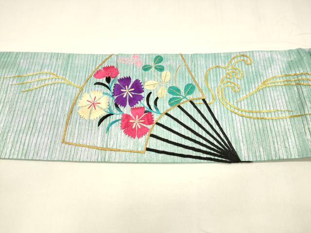 平和屋着物＊夏物 アンティーク 大正ロマン 九寸名古屋帯 駒刺繍 総刺繍 扇面草花文 金銀糸 引箔 正絹 逸品 DABA0149cm