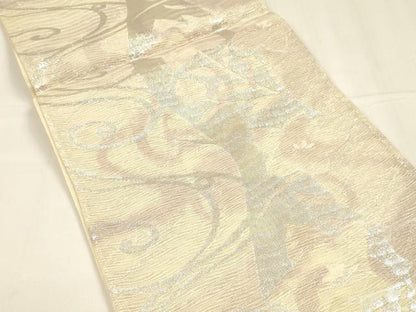 平和屋着物＊夏物 六通柄袋帯 流水枝花文 銀糸 正絹 逸品 DABA0155cm