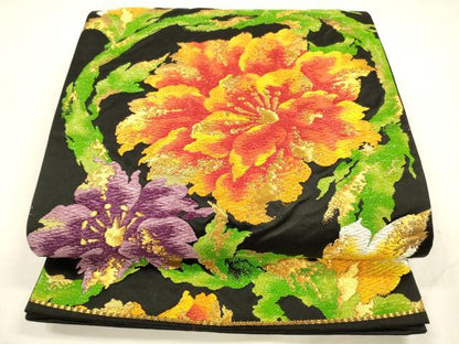 平和屋着物●六通柄袋帯　唐織　更紗花文　黒地　金銀糸　正絹　逸品　DABA0189cm