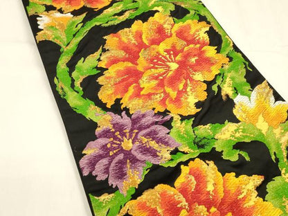 平和屋着物●六通柄袋帯　唐織　更紗花文　黒地　金銀糸　正絹　逸品　DABA0189cm
