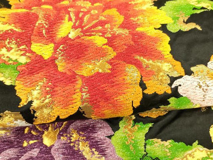 平和屋着物●六通柄袋帯　唐織　更紗花文　黒地　金銀糸　正絹　逸品　DABA0189cm
