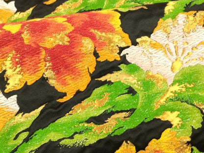 平和屋着物●六通柄袋帯　唐織　更紗花文　黒地　金銀糸　正絹　逸品　DABA0189cm