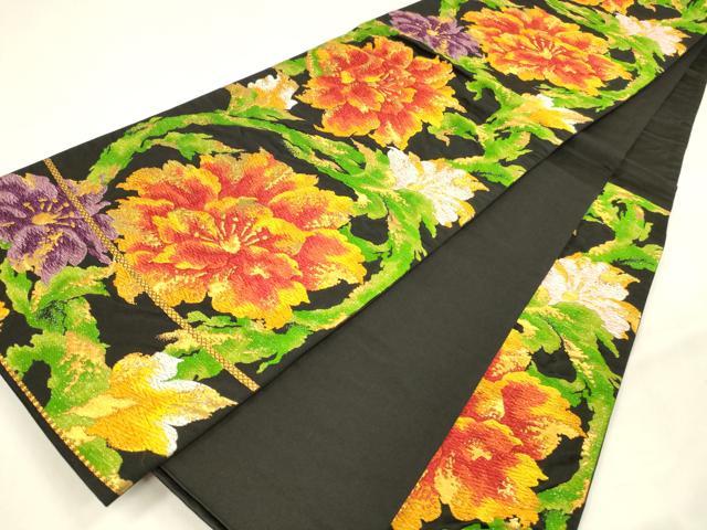 平和屋着物●六通柄袋帯　唐織　更紗花文　黒地　金銀糸　正絹　逸品　DABA0189cm