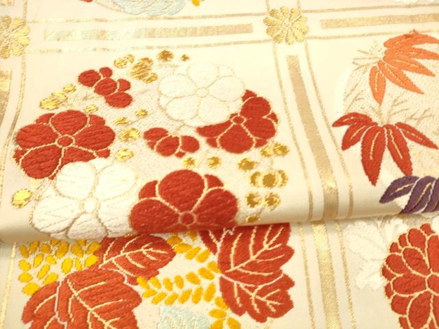 平和屋着物●六通柄袋帯　唐織　草花文　金糸　正絹　逸品　DABA0191cm