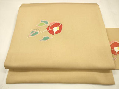 平和屋着物●塩瀬 九寸名古屋帯 枝椿 正絹 逸品 DABA0200cm