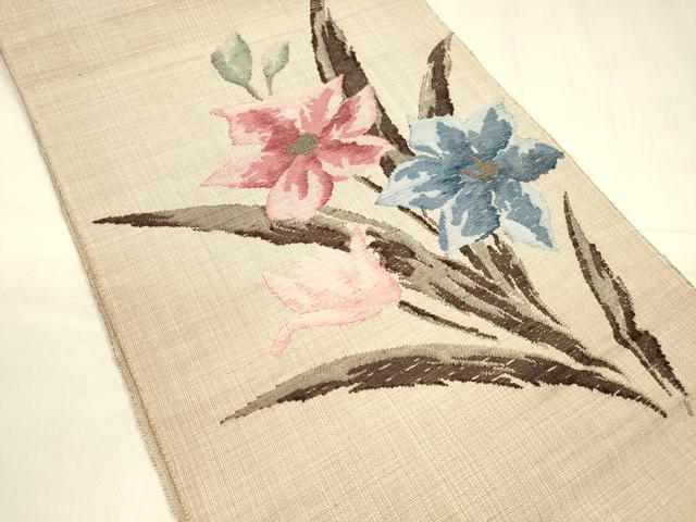 平和屋着物●八寸名古屋帯 すくい織 紬地 草花文 金銀糸 正絹 逸品 DABA0223cm