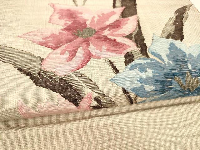 平和屋着物●八寸名古屋帯 すくい織 紬地 草花文 金銀糸 正絹 逸品 DABA0223cm