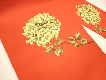 平和屋着物●塩瀬　九寸名古屋帯　枝菊文　金彩　正絹　逸品　DABA0224cm
