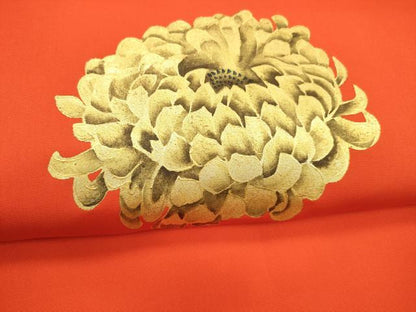 平和屋着物●塩瀬　九寸名古屋帯　枝菊文　金彩　正絹　逸品　DABA0224cm