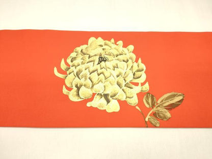 平和屋着物●塩瀬　九寸名古屋帯　枝菊文　金彩　正絹　逸品　DABA0224cm
